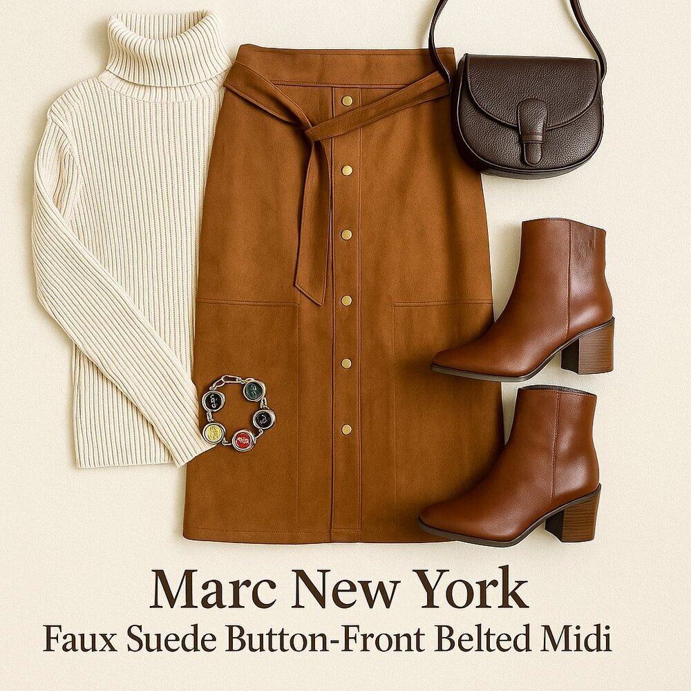 Marc New York Faux Suede Button Front Midi Skirt Brown Belted L - Picture 11 of 11